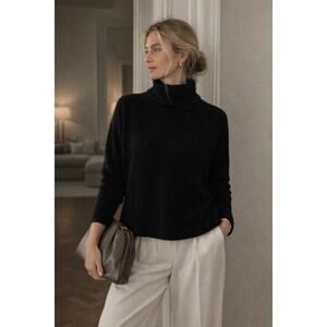 Quince Black Turtleneck Sweater XL 90s Minimalist Soft Knit Cropped Cozy
